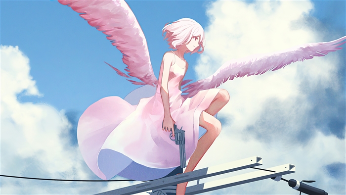 Anime Angel with Pink Wings Holding a Gun