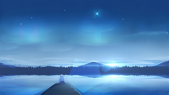 Anime Girl on Dock at Night with Stars