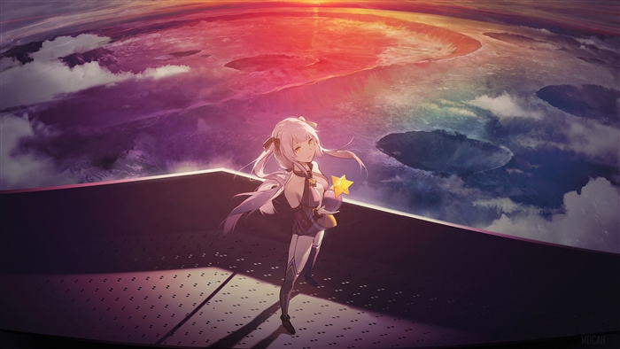 Anime girl holding a star with a sunset planet background