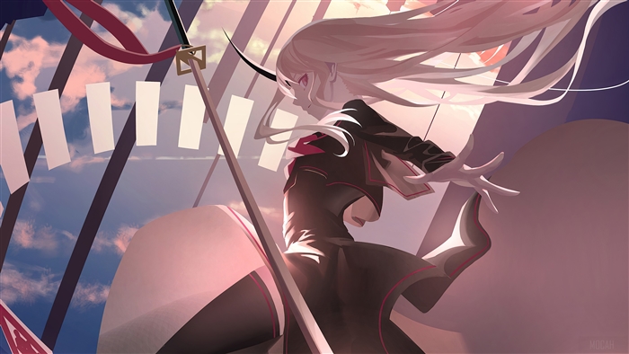 Anime girl with long white hair and a sword