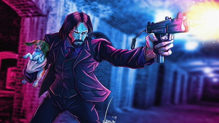 John Wick holding a puppy and firing a gun