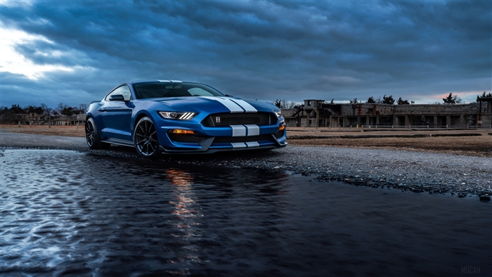 Blue Ford Mustang Shelby GT500 by the river