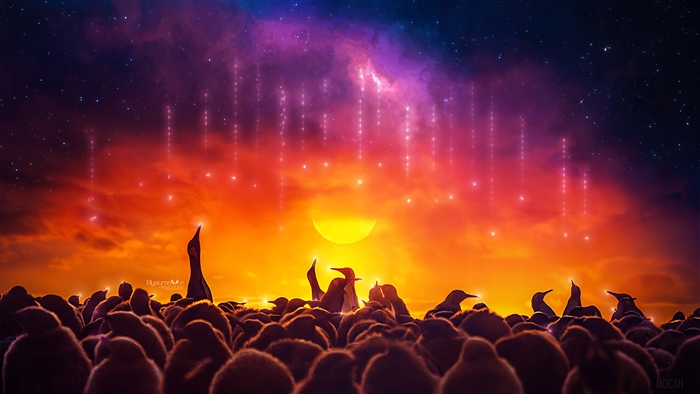Penguins Gathering Under a Cosmic Sunset 4K