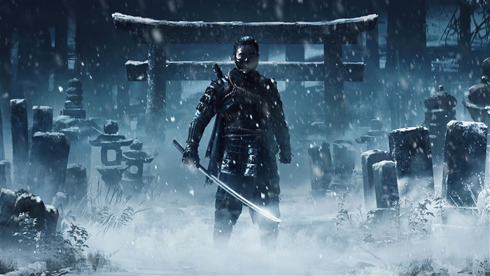 Samurai warrior in armor holding a sword in a snowy graveyard