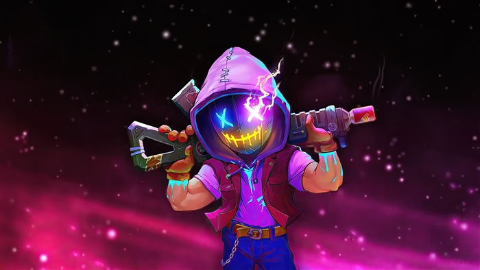 Character with Neon Mask and Gun from Neon Abyss 4K