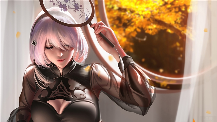 2B from NieR: Automata holding a fan