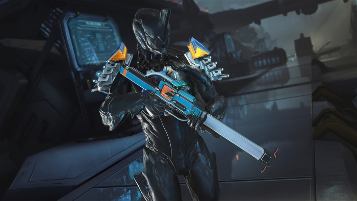 Warframe character holding a rifle
