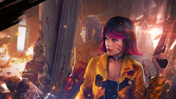 K's reflection in a destroyed building in Garena Free Fire 4K