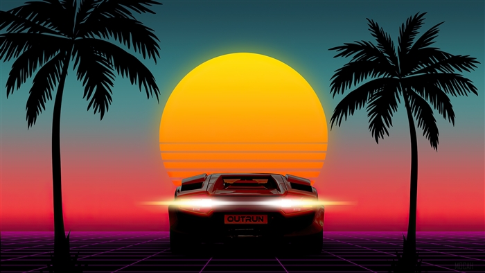 Outrun car with sunset and palm trees