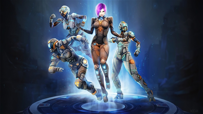 Four female cyborgs in futuristic armor on a platform