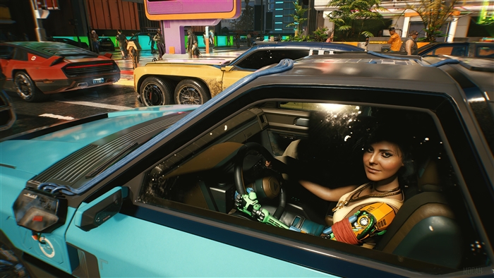 Woman with cybernetic arm driving in Cyberpunk 2077 4K