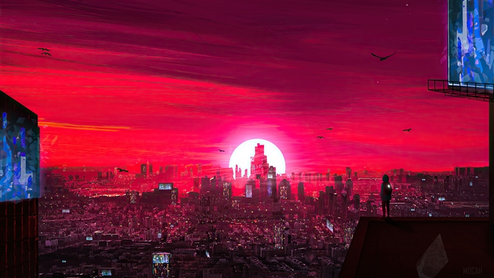 Cyberpunk Cityscape at Sunrise with Lone Figure
