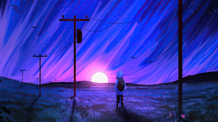Person with backpack near powerlines at sunrise 4K