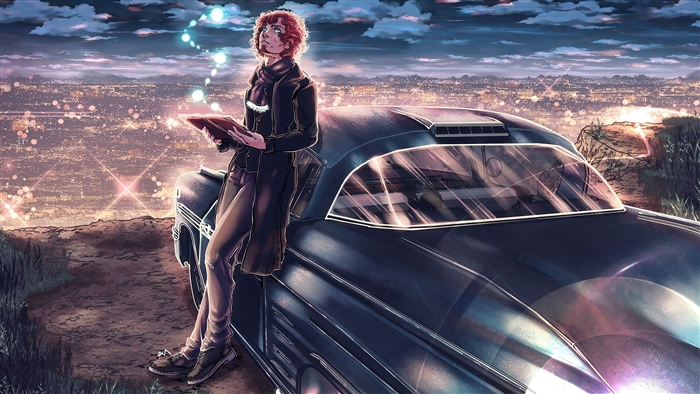 Man with Vintage Car overlooking Cityscape 4K