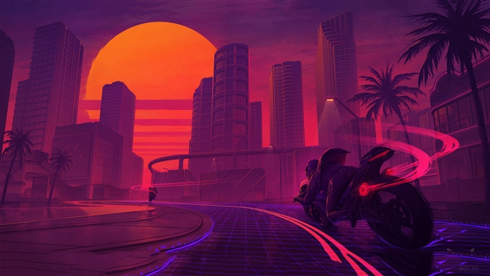 Cyberpunk Cityscape with Neon Bike at Sunset 4K