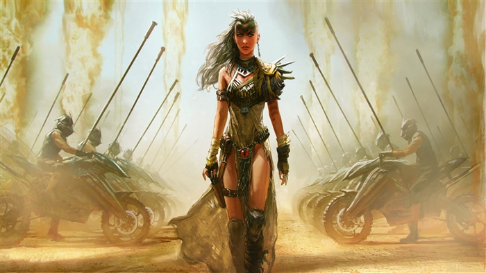Female warrior leading a Mad Max-style army