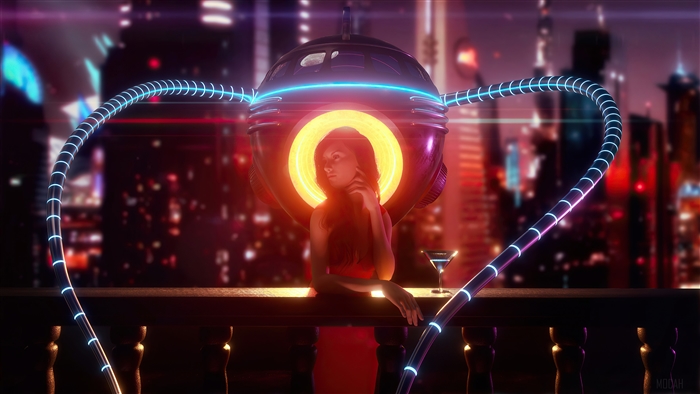 Woman in red dress with futuristic robot and city skyline