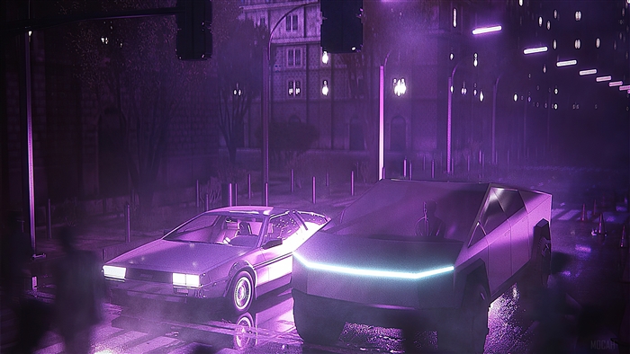 DMC DeLorean and Tesla Cybertruck in Neon City 4K