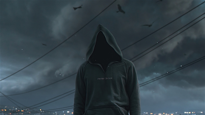 Anonymous person in a hoodie with "PARADIGM" logo