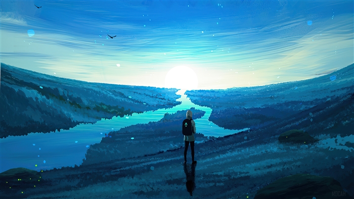 Person standing by a river at sunrise 4K
