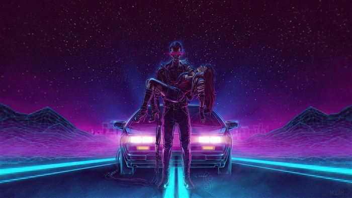Man carrying woman in front of car with retro landscape 4K