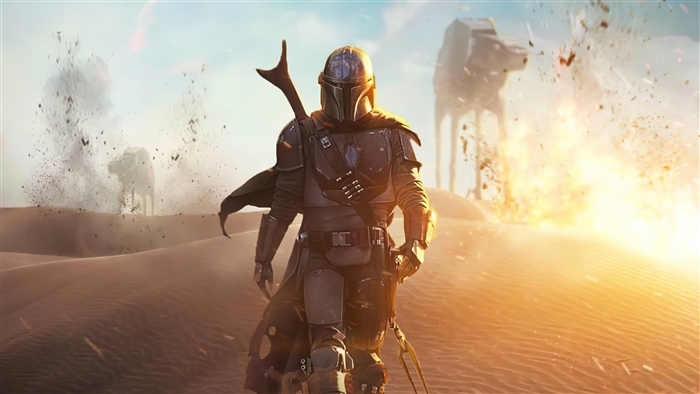The Mandalorian in a desert landscape with AT-ATs