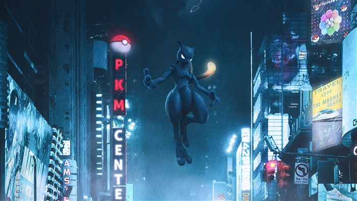 Mewtwo in a futuristic city at night