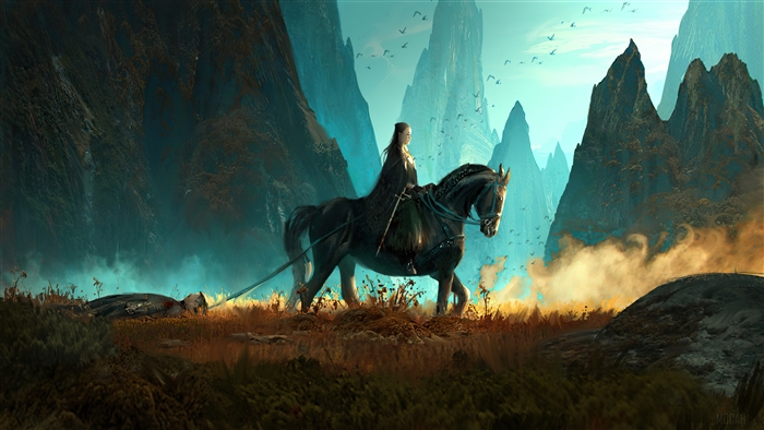 Arya Stark on horseback in a mountainous landscape