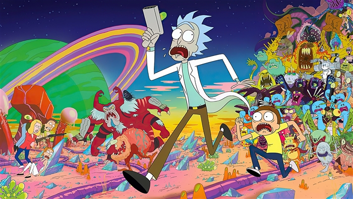 Rick and Morty in a chaotic alien landscape