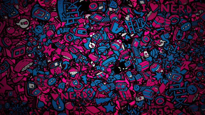 Graffiti art with pink and blue cartoon characters