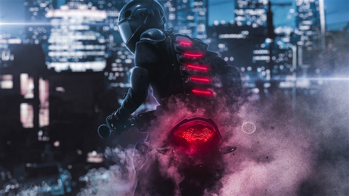 Biker doing a burnout in a city at night 4K
