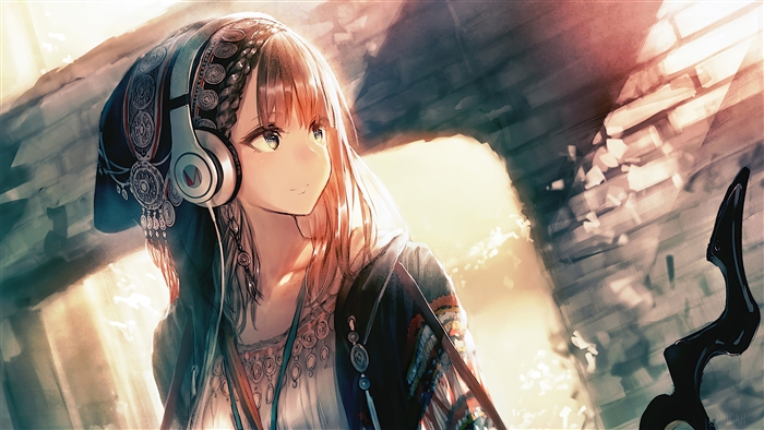 Anime Girl with Headphones Looking Away in Soft Light