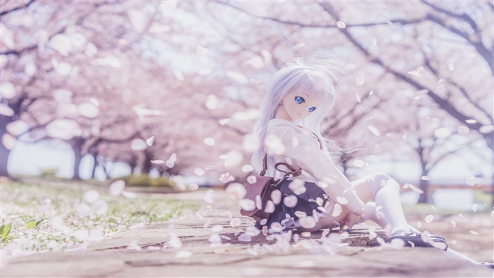 Blonde Doll Sitting Under Sakura Trees 4K