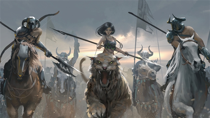 Warrior Girl Riding Tiger with Army 4K