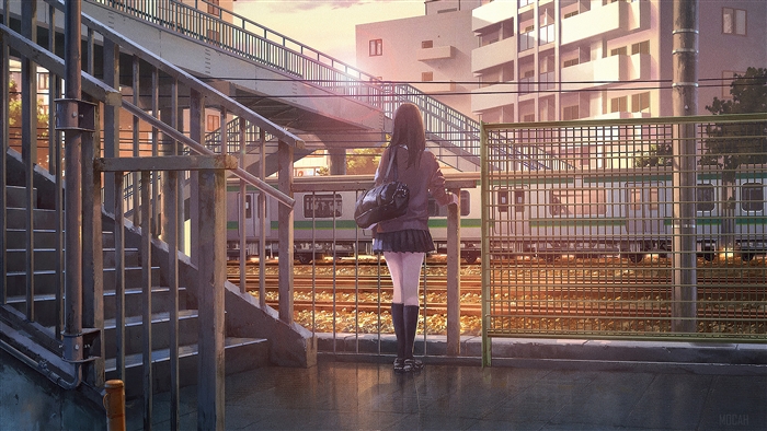 Anime Girl on Platform Watching Train 4K