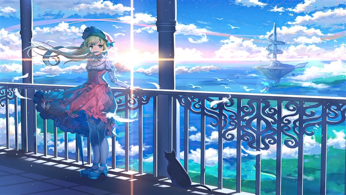 Girl and cat on balcony overlooking ocean with floating island
