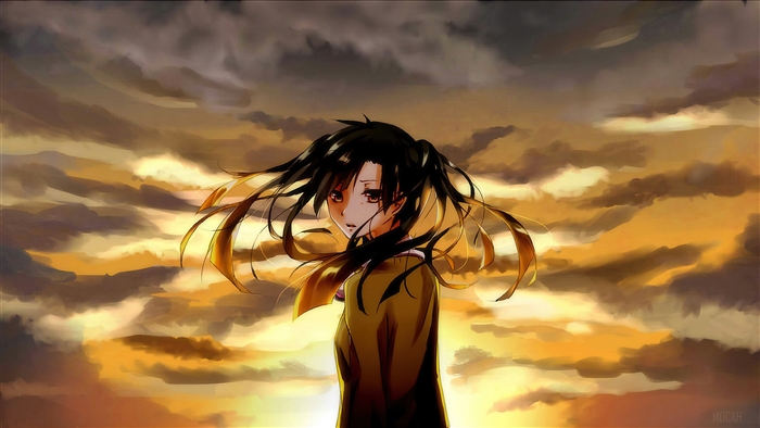Anime Girl with Twintails in Sunset Sky 4K