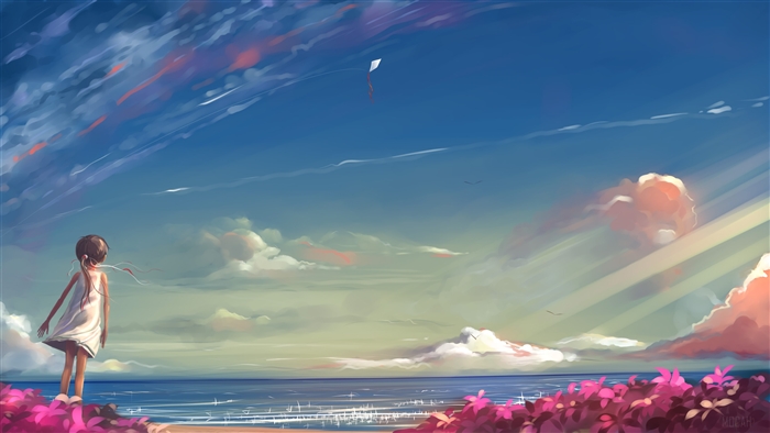 Anime Girl Flying Kite at Beach 4K