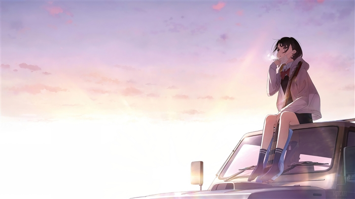 Girl with guitar on car roof at sunset