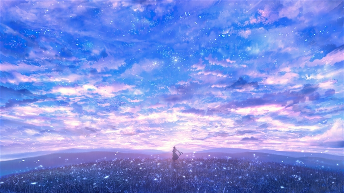 Girl in lavender field under starry sky 4K