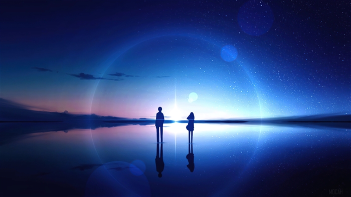 Anime couple watching stars reflection 4k