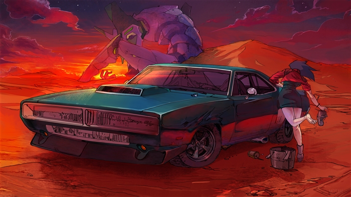 Eva from Neon Genesis Evangelion and a car