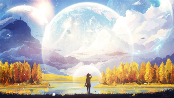 Anime Girl Looking at Big Moon Planet 4K