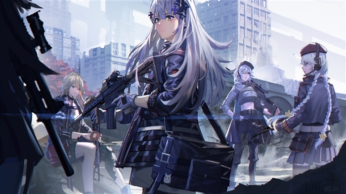 Girls Frontline characters in a city