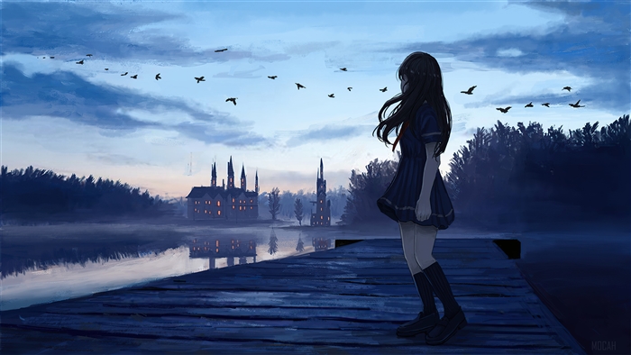 Anime Girl by Castle and Lake 4K