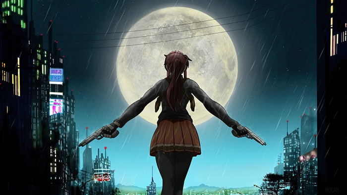 Anime girl with guns in rainy city under moon 4K
