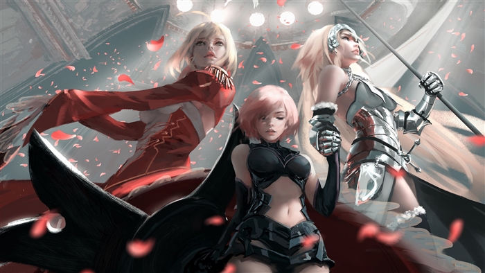 Wlop's Art of Saber, Jeanne d'Arc, and Mordred from Fate/Grand Order 4K