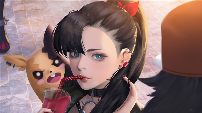 Girl with Pikachu drinking a beverage
