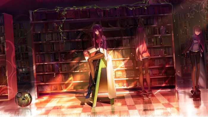Makise Kurisu from Steins Gate in a library 4K