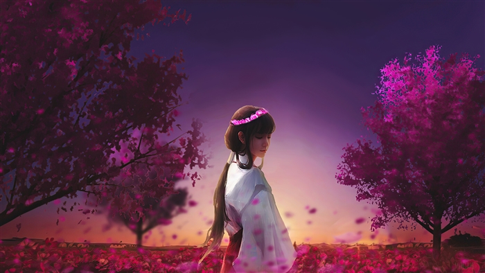 Anime Girl in Pink Flower Garden 4K